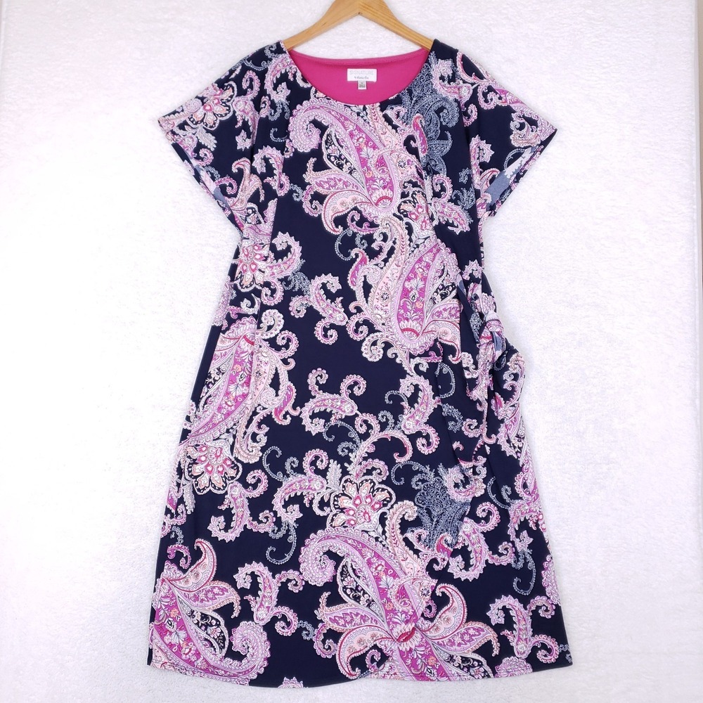 Signature by Robbie Bee Paisley Shift Dress 1X Navy Pink
